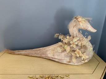 Handcrafted Straw And Raffia Swan Figurine With Floral And Pearl Embellishments.