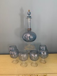 Blue Swirling Glass Decanter And Goblet Set With Gold Trim
