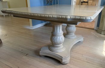 Distressed Cream Pedestal Dining Table With Carved Details