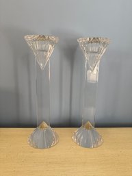 Pair Of Faceted Bohemian Crystal Candlesticks With Slender Stems