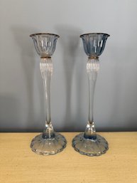 Pair Of Iridescent Blue Glass Candlesticks With Gold Rims