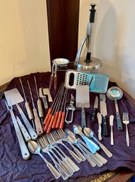 Kitchen Draw 1: Paper Towel Holder, Mid Century Skewers, Cheese Grinder, Flatware, Knives And More