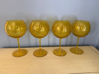 Set Of Four Royal Danube Hand-painted Amber Crystal Balloon Wine Glasses