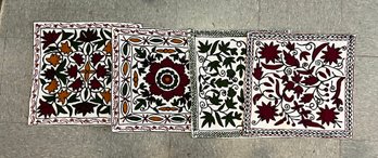 4- Hand Embroidered Pillowcases: Maroon, Green, Yellow And White Flower Vines