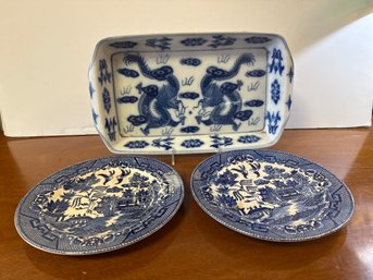 Blue Willow Plates And Vintage Chinese Porcelain Dish With A Blue And White Dragon Design.