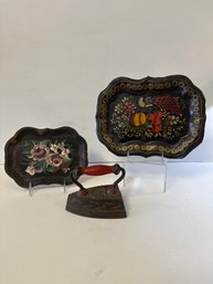 Antique Folk Art Cast Iron, Hand Painted Tole Trays
