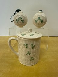 Belleek Pottery Shamrock-decorated Ceramic Christmas Ornament & Mug With Lid