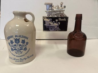 Henry McKenna Whiskey Jug, Vintage Amber Glass Historical Flask Bottle And Silver-plate Train Bank