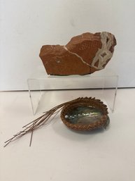 Natural Slab Of Red Jasper With White/grey Veining & Handwoven Abalone Shell Pine Needle Basket
