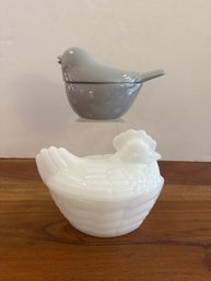 Vintage White Milk Glass Hen On A Nest Covered Dish & Grey Ceramic Lidded Container Shaped Like A Bird