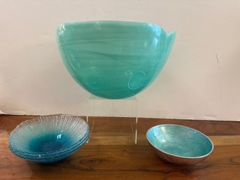 Turquoise Large Bowl, 3 Glass Turquoise Bowls And Metal And Enamel Bowl
