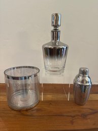 Smoky Glass Decanter With Metallic Stopper, Strip Ice Bucket And Cocktail Shaker