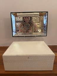 Modern White Faux Snakeskin Decorative Storage Box And Mirrored Tray