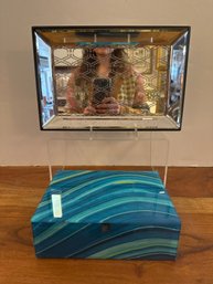 Decorative Fused Glass Box With Blue And Yellow Swirls And Mirror Tray