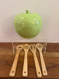 Green Apple Ceramic And Wooden Utensils
