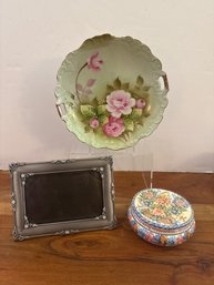Lefton China Hand-painted Rose Cake Plate With Gold Trim, Navarre Lidded Box And Silver Frame