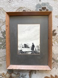 Framed  Charcoal Or Graphite Drawing Of A Man On A Dock Observing Ships