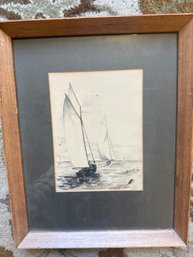 Framed Charcoal Or Graphite Drawing Of Sailboats At Sea