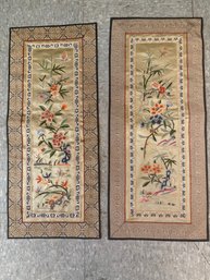 Pair Of Chinese Silk Embroidery Panels With Floral And Bird Motifs
