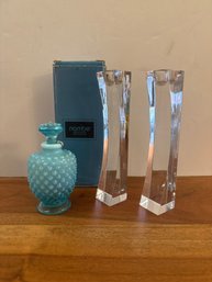 Fenton Hobnail Perfume Bottle And Nambe Crystal Candle Holder