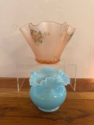 Lancaster Pink Frosted Glass Ruffle Bowl And A Fenton Blue Overlay Opalescent Melon Vase With A Ruffled Rim