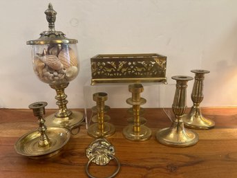 Brass Candle Holders, Knocker And Decorative Candy Dish With Seashells