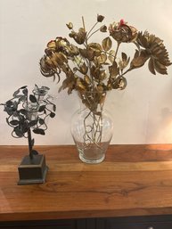 Brass Flowers, Painted Gold Red Plastic Roses And A Decorative Glass/tole Rose Tree With A Square Base