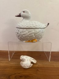 Vintage White Ceramic Duck-shaped Lidded Cookie Jar & A LFS Porcelain Figurine Of A Dove With Beige Spots