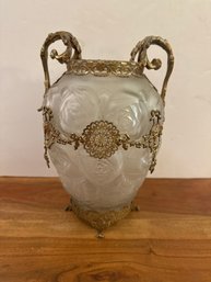 Frosted Glass Vase With Gilt Brass Mounts And Painted Enamel Floral Cartouche
