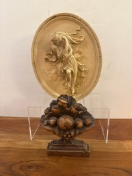 Oval Chalkware Bas-relief Wall Plaque Depicting Classical Figures & Vintage Decorative Fruit Urn Sculpture
