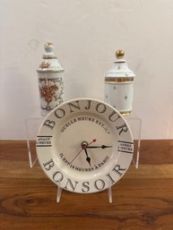 Porcelain Apothecary Jar With Gold Fleur-de-lis/floral Decoration & French-inspired Wall Clock