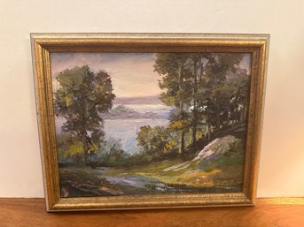 Oil Painting Of A Serene Landscape With Trees And Water