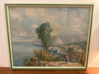 Antique Oil On Canvas Mediterranean Coastal Landscape Painting