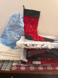 Holiday Round Table Cloths, Place Mats, Santa Hat Chair Covers, Window Cling, Tree Skirt, And More