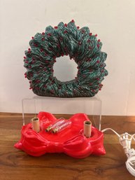 Ceramic Christmas Wreath And Home Made Light Up Bow