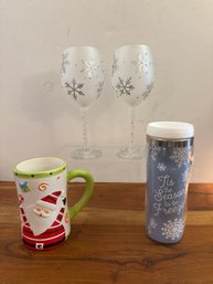 Snowflake Wine Glasses, Tis The Season To Be Freezin Hot/cold Cup And Santa Mug