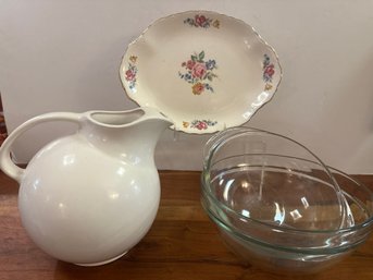 Pyrex Clear Bowls, White Pitcher And Floral Tray