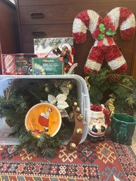 Holiday Lot: Garland, Wreath, Christmas Stand, Santa Beer Mug And More