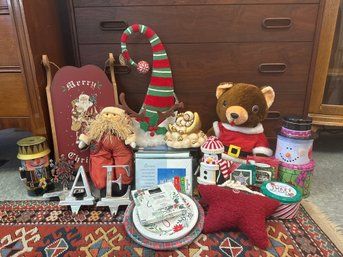 Christmas Lot: Tune Music Box, Vintage Bear, Stocking Holders, Christmas Cards And More