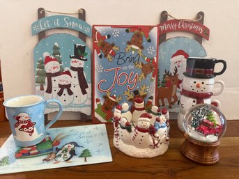 Christmas Wall Hangings, Snowman Mug, Trivet, Candleholder, Stackable Mugs & Snow Globe