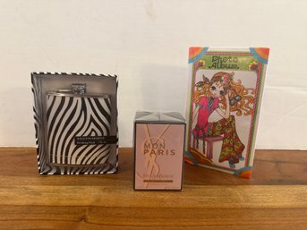 Mon Paris Yves Saint Laurent Perfume, Wild Eye Design Drinking Flask And Vintage 1970s 'big Eye' Style Album
