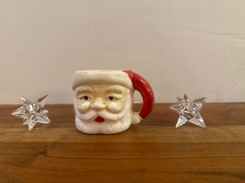 Crystal Star Candle Holders And Vintage Santa Mug