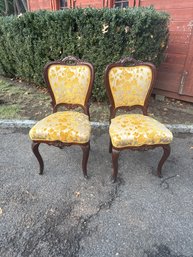 2 Ladies Victorian Chairs With Yellow Leaf Fabric