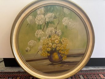 Signed Original Circular Oil Painting Of Flowers In A Vase.