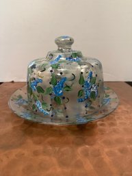 Hand-painted Glass Cake Dome And Plate With Blueberry Floral Design