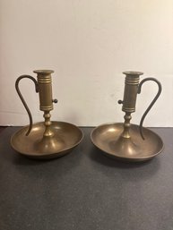 Pair Of Vintage Brass Mechanical Chamber Candlesticks With Handles