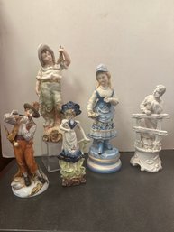 Porcelain Figurines: Fisherman, Victorian Ladies, Boy Playing A Flute