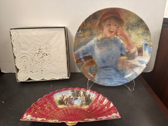 Kaiser Decor Plate Of Renoir's Alphonsine Fournaise, Devon Lace Napkins And Fan-shaped Porcelain Trinket Dish
