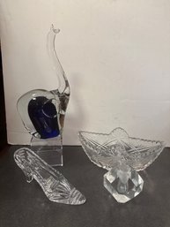 Cut Glass Slipper, Trinket Bowl, Candle Holder And Murano Elephant With Blue Accent