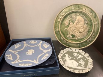 Blue Wedgwood Decor Plate, Schafer & Vater Green Jasperware W/ A Woman/cherubs, & Incolay Stone Decorative Plat